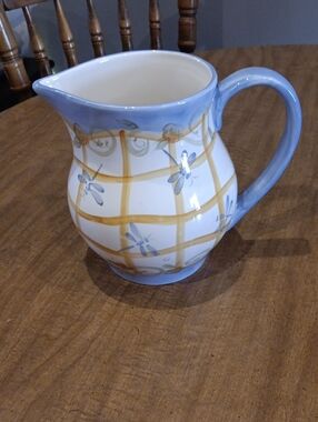 Hand-Painted Blue & Yellow Check Ceramic Pitcher